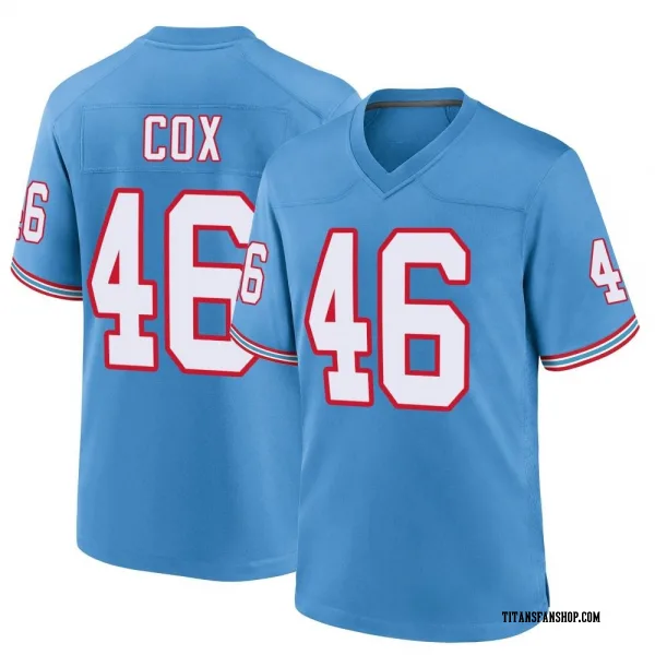 Youth Morgan Cox Tennessee Titans Game Light Blue Oilers Throwback Alternate Jersey